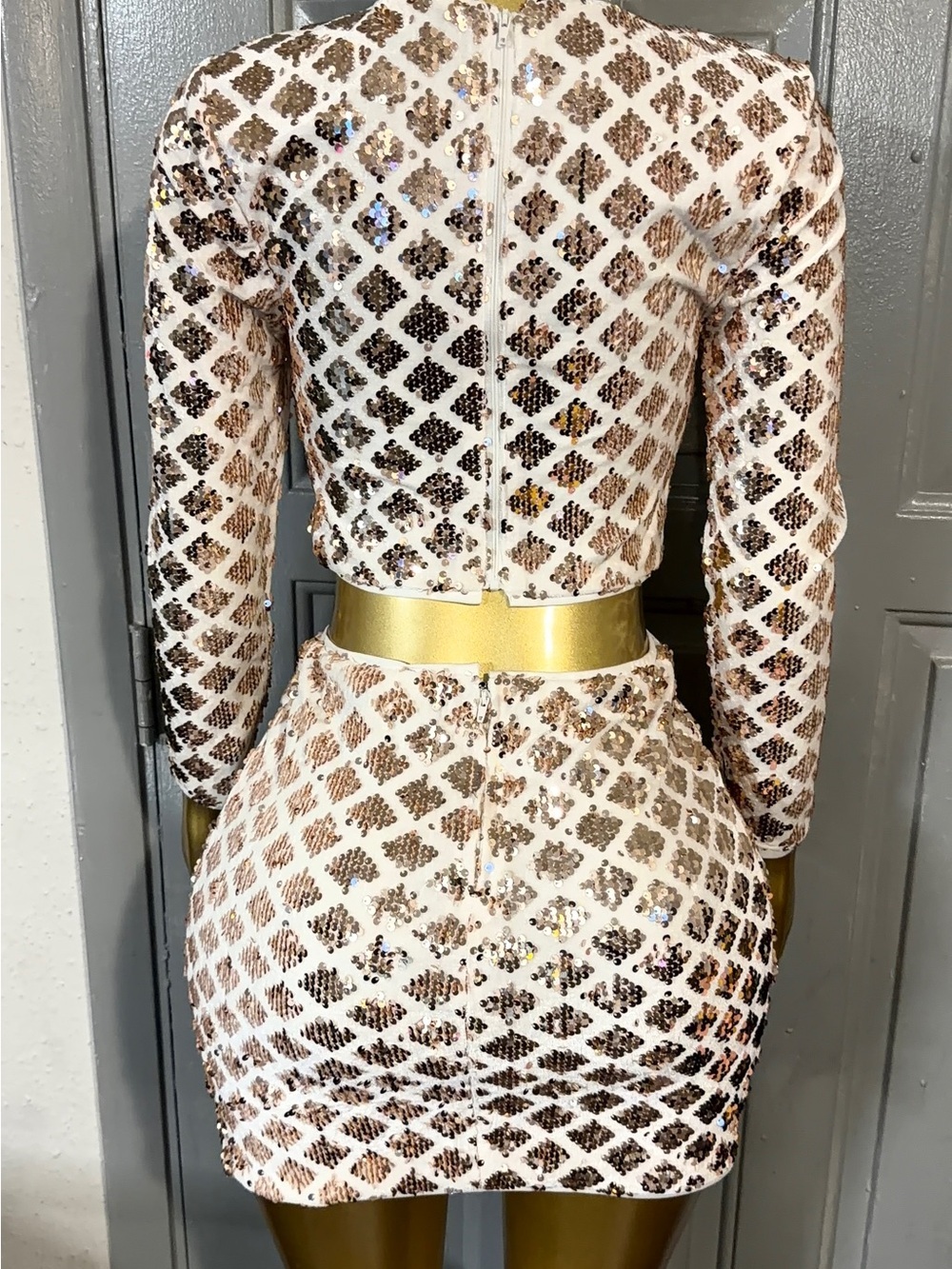 Crystal Doll White and Gold Sequin Lattice Mini Skirt Set - Picture 3 of 4